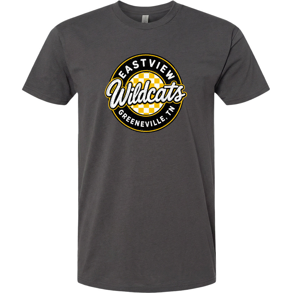 A gray t-shirt with a circular logo that says "EASTVIEW Wildcats" and "Greeneville, TN".