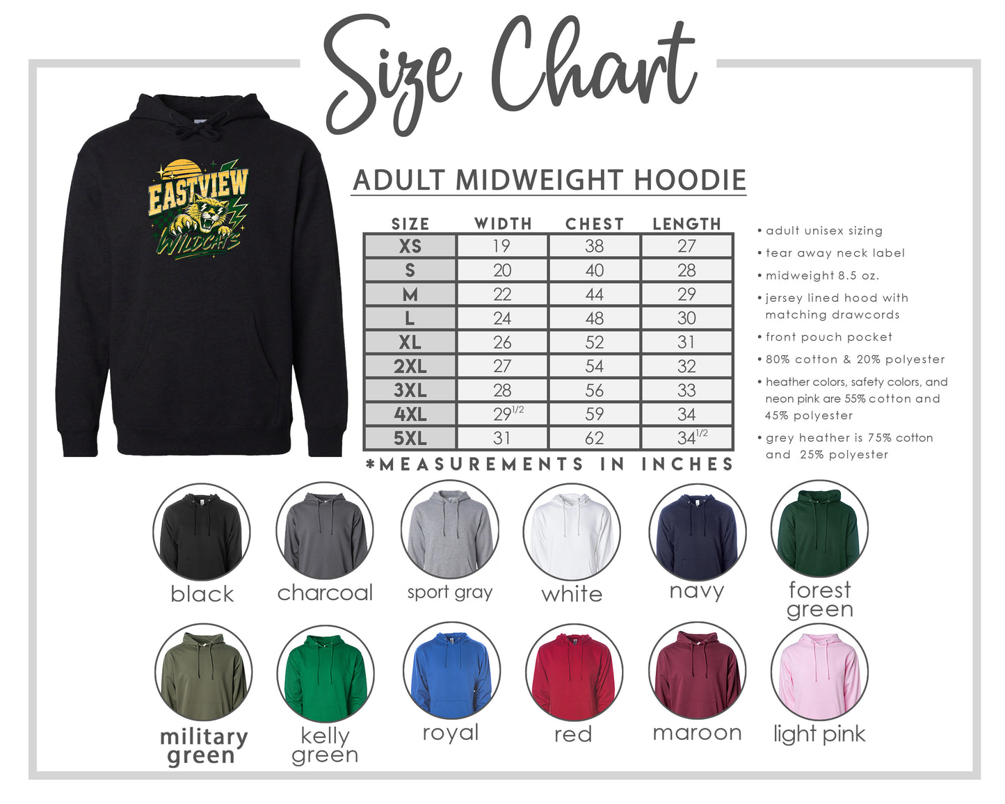The image is a size chart for an adult midweight hoodie, including various color options and corresponding measurements in inches.