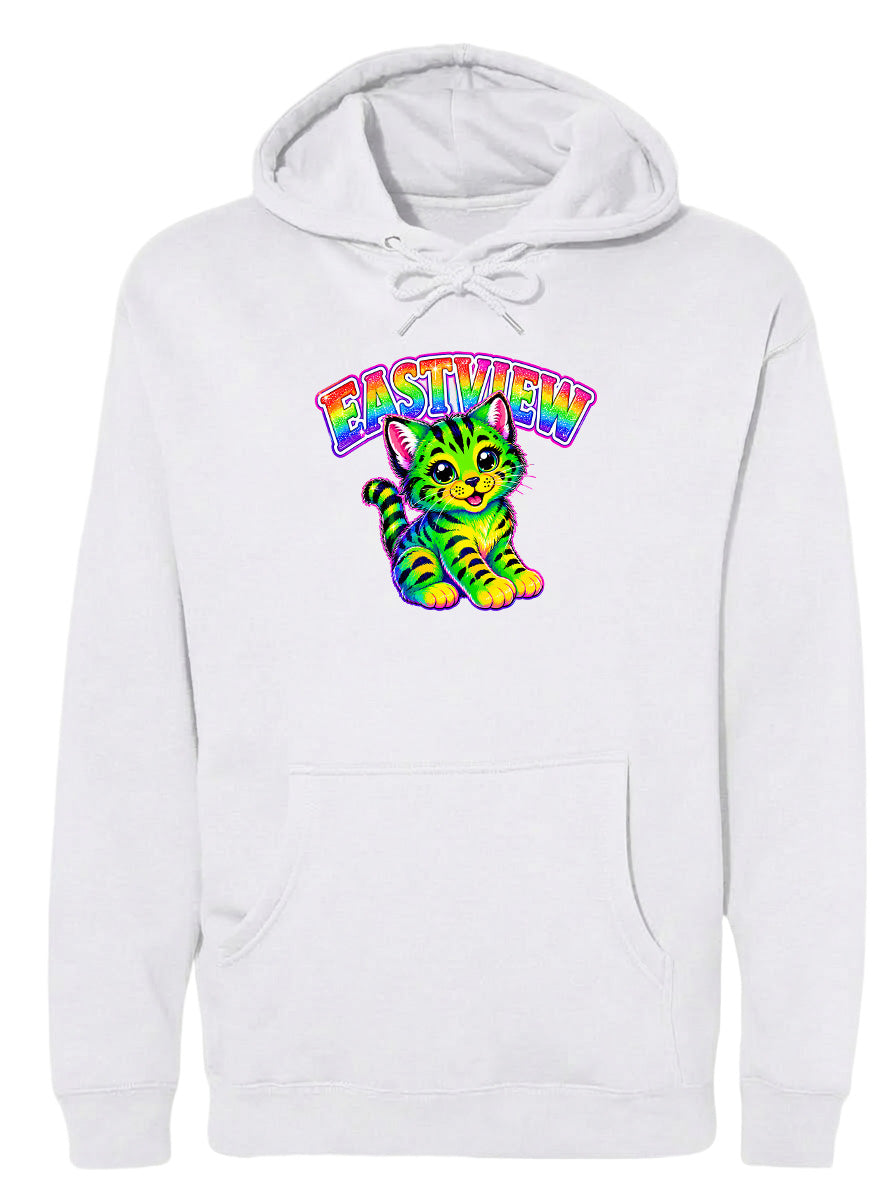 A white hoodie with a colorful graphic of a cat and the text "Eastview" printed on it.