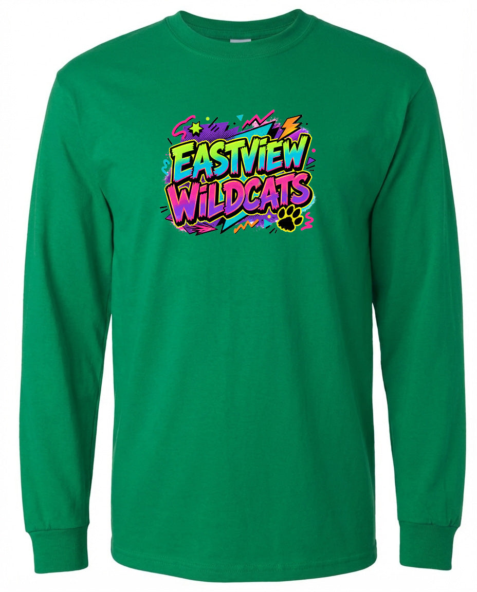 A long-sleeved green t-shirt with a colorful graphic design featuring the text "EASTVIEW WILDCATS" and a paw print.