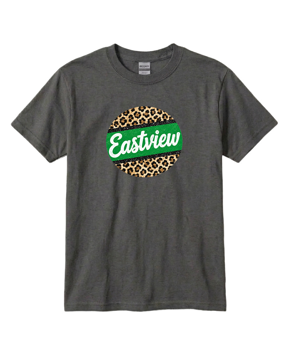 A gray t-shirt with a circular graphic design on the front. The design consists of a green circle with a leopard print pattern, and the word "Eastview" written in white cursive text inside the circle.
