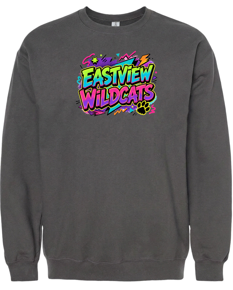 A gray sweatshirt with a colorful graphic design featuring the text "EASTVIEW WILDCATS" in a vibrant, graffiti-style font.