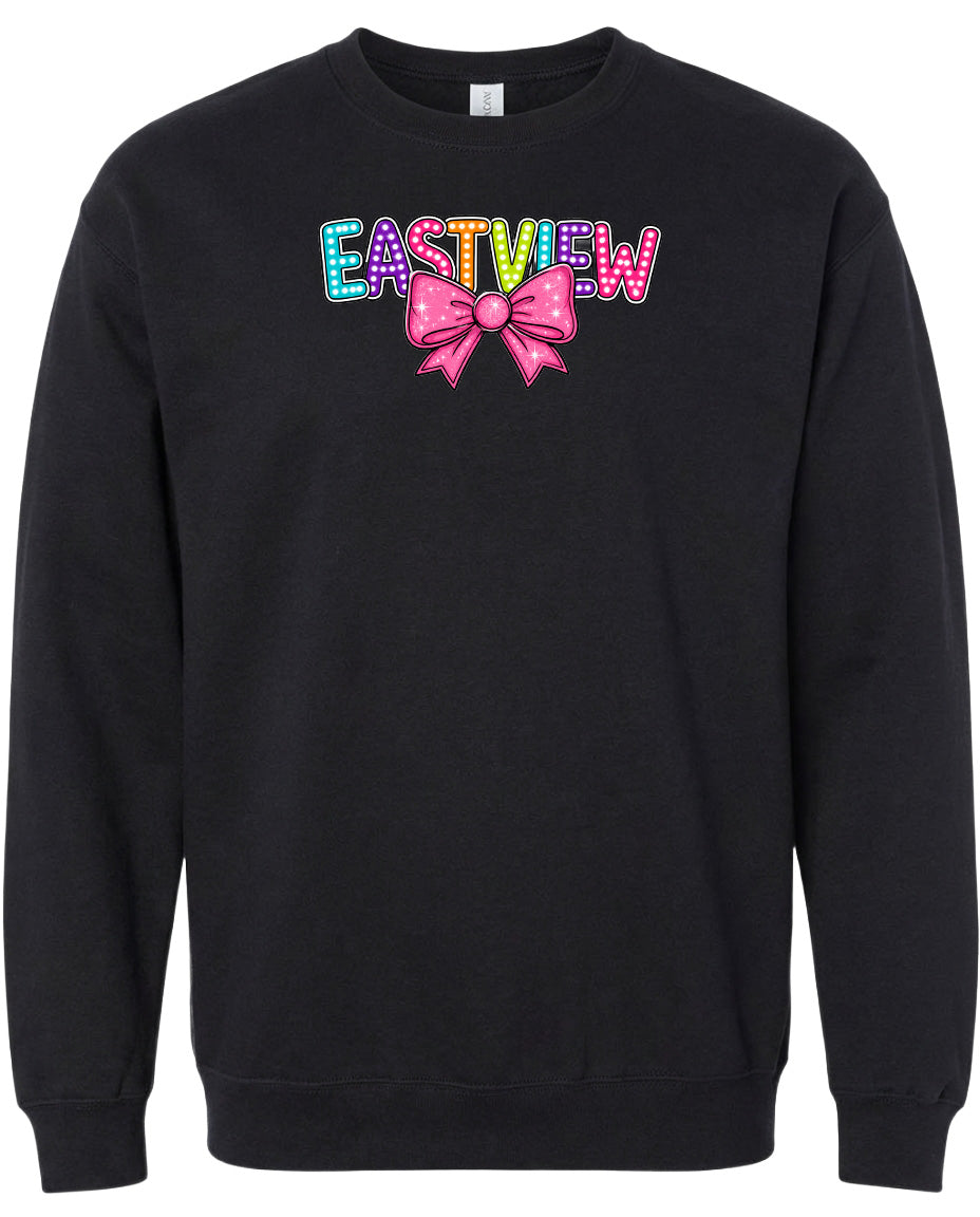 A black sweatshirt with a colorful bow and the word "EASTVIEW" printed on it.