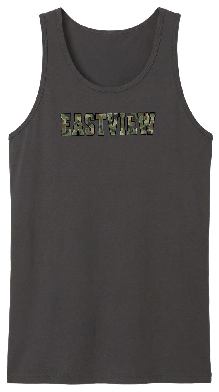 A gray tank top with the word "EASTVIEW" printed on it in a camouflage pattern.