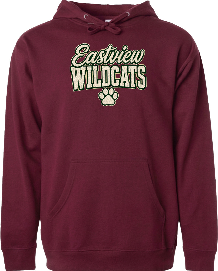 A burgundy-colored hoodie with the text "Eastview Wildcats" printed on it, along with a paw print symbol.