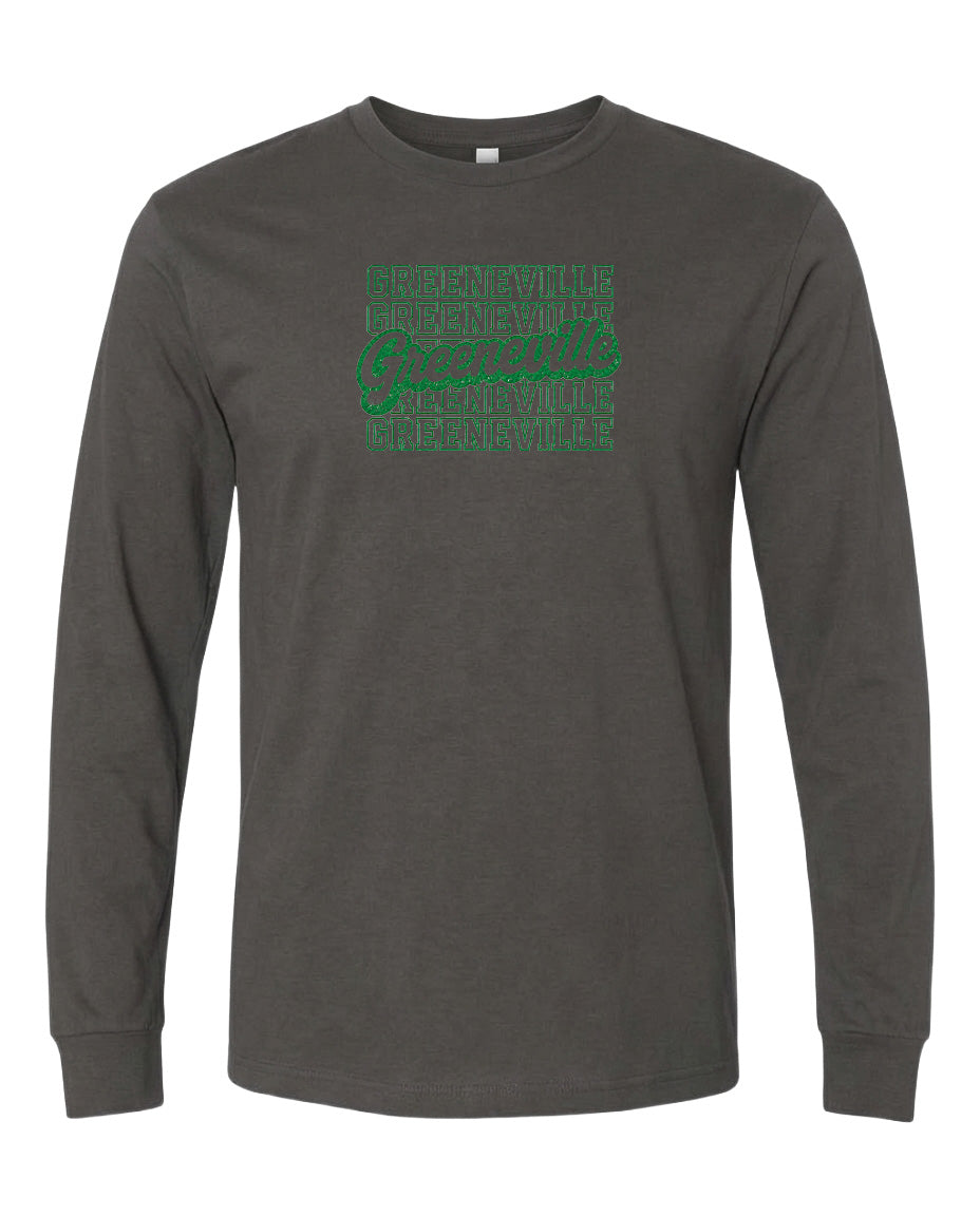 A gray long-sleeved t-shirt with a green graphic design on the front.