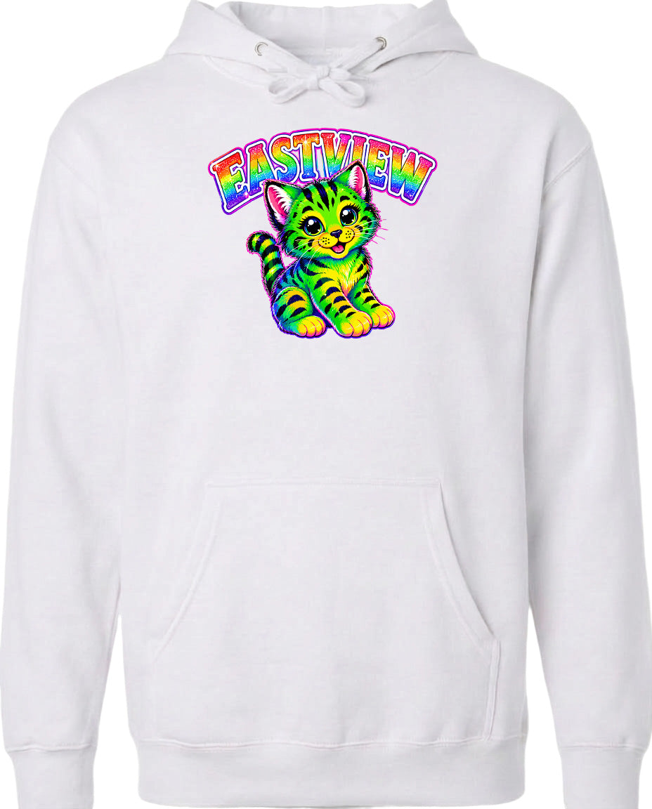 A white hoodie with a colorful graphic of a cat and the text "EASTEW" above it.