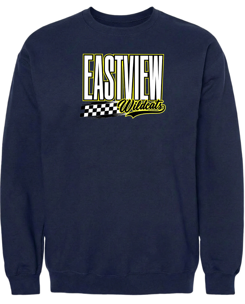 A navy blue sweatshirt with a graphic design featuring the text "EASTVIEW Wildcats" in yellow and white.
