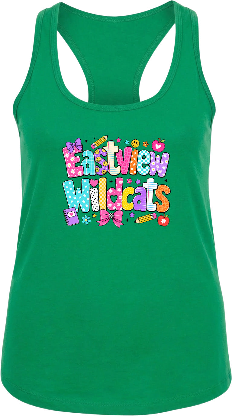 A green tank top with a colorful graphic design featuring the text "Eastview Wildcats" and various school-related icons.