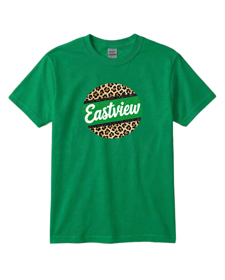 A green t-shirt with a circular logo that says "Eastview" in white text.