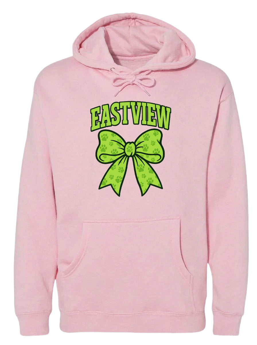 A pink hoodie with a green bow and the text "EASTVIEW" printed on it.