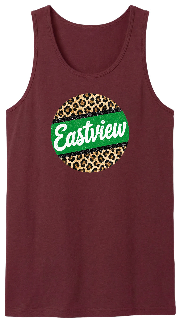 A burgundy tank top with a circular design on the front featuring a leopard print pattern and the word "Eastview" written in white text.