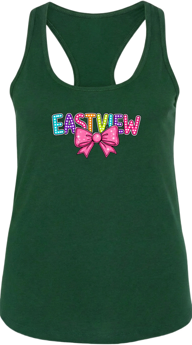 A green tank top with the word "EASTVIEW" and a bow printed on it.