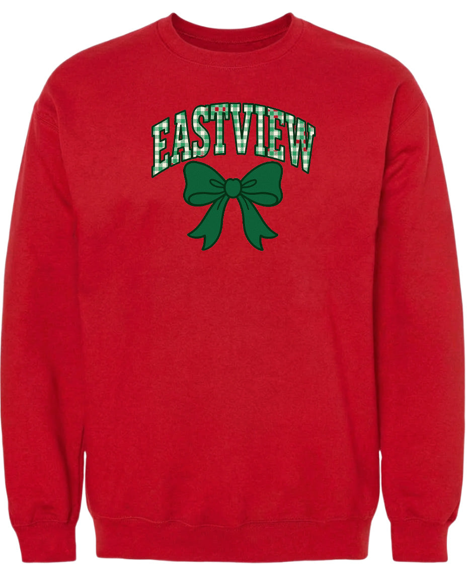 A red sweatshirt with a green bow and the word "EASTVIEW" printed on it.