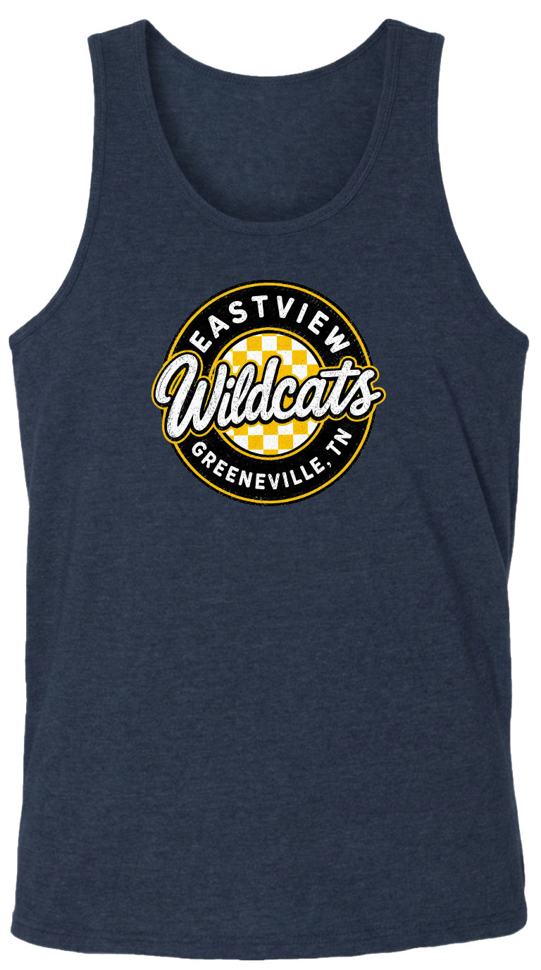 A dark blue tank top with a circular logo on it. The logo features the text "EASTVIEW Wildcats" and "Greeneville, TN" in a stylized font.