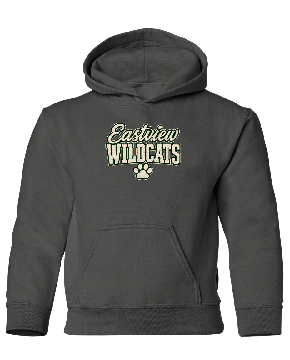 A gray hooded sweatshirt with the text "Eastview Wildcats" printed on it.