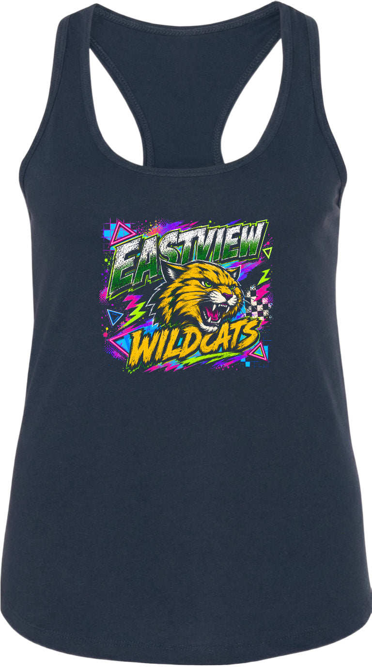 A black tank top with a graphic design featuring a cat's head and the text "EASTVIEW WILDCATS" in a colorful, retro-style font.