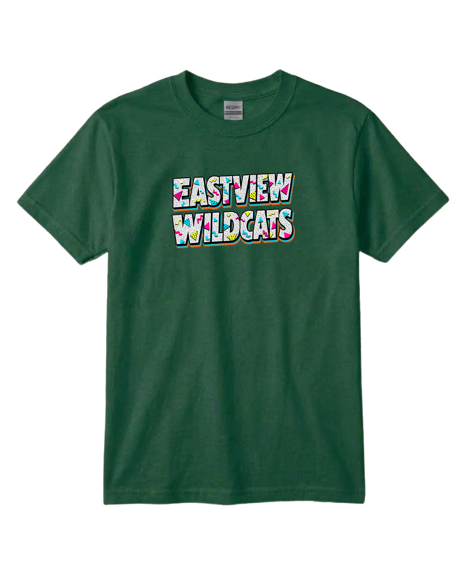 A green t-shirt with the text "EASTVIEW WILDCATS" printed on it.