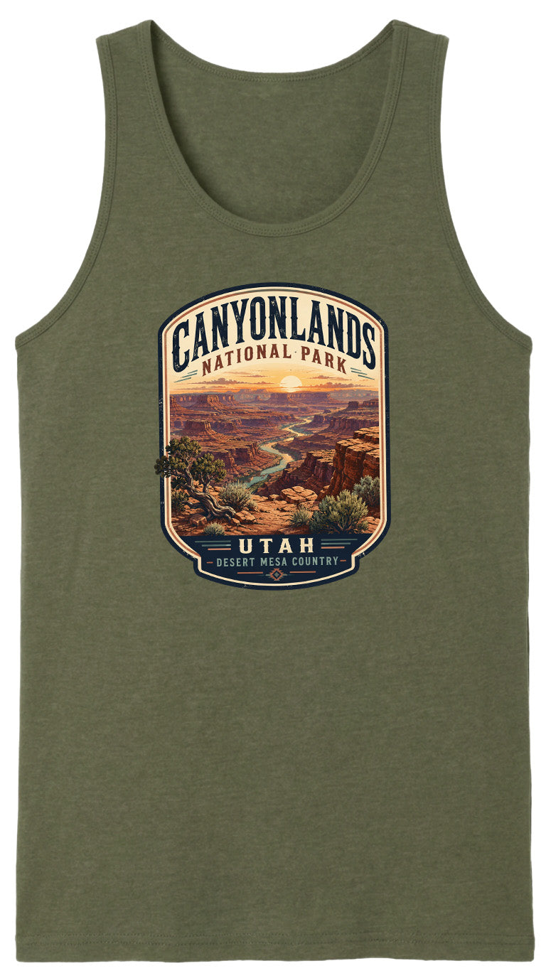 A green tank top with a graphic design depicting the scenic landscape of Canyonlands National Park in Utah.