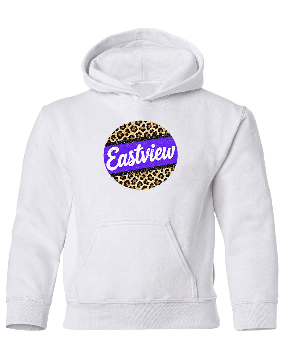 A white hoodie with a leopard print design and the word "Eastview" printed on it.