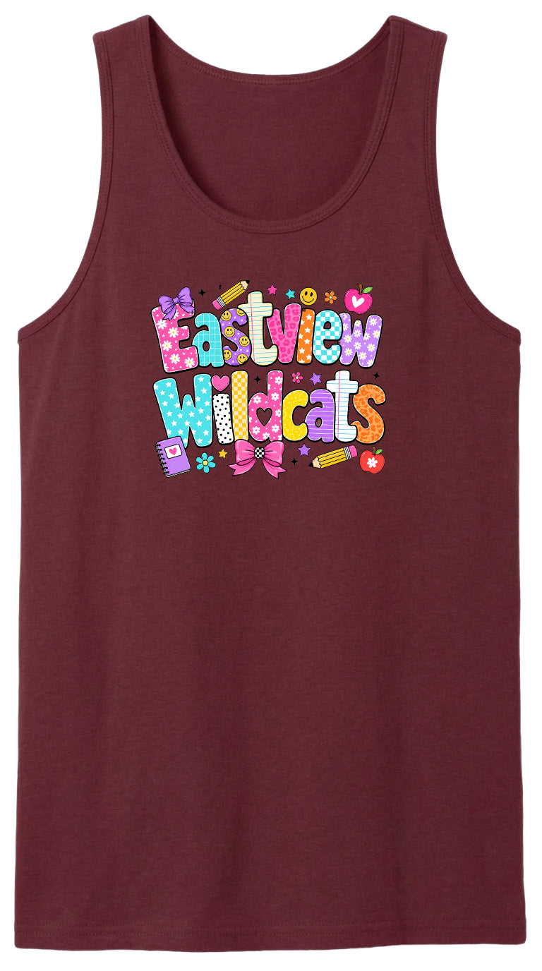 A burgundy tank top with a colorful graphic design featuring the text "Eastview Wildcats" in a playful, cartoon-like font.