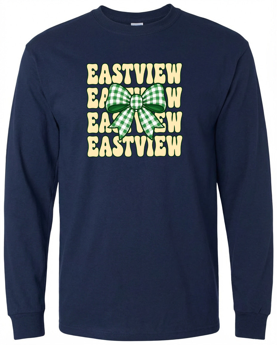 A navy blue long-sleeved shirt with a graphic design featuring a green and white checkered bow and the text "EASTVIEW" repeated in a vertical pattern.
