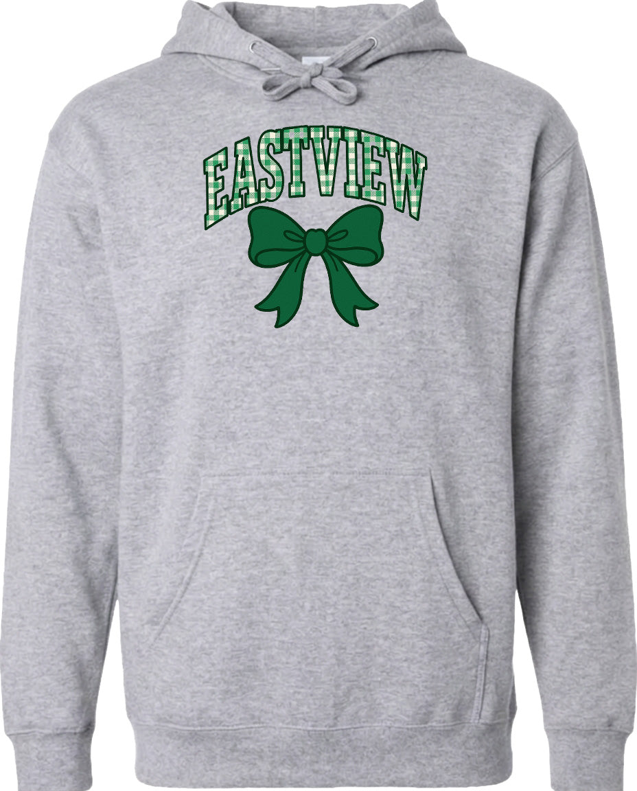A gray hoodie with a green bow and the word "EASTVIEW" printed on it.