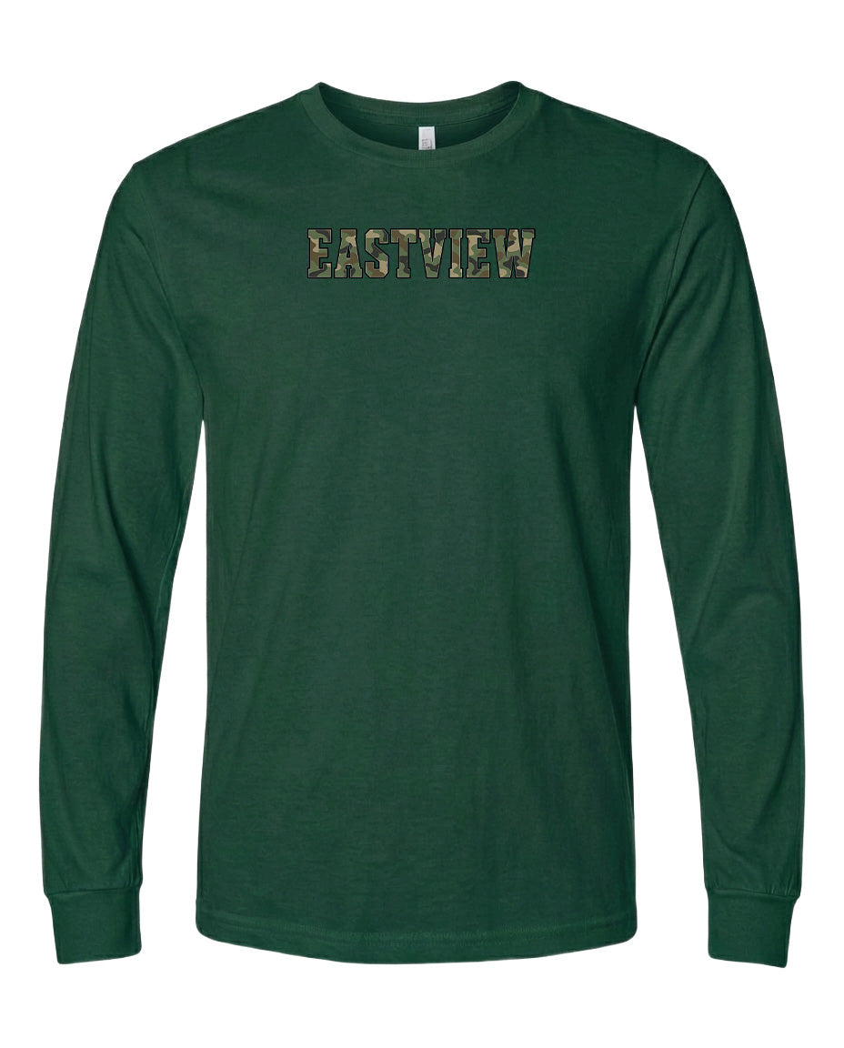 A dark green long-sleeved t-shirt with the word "EASTVIEW" printed on it in a stylized font.