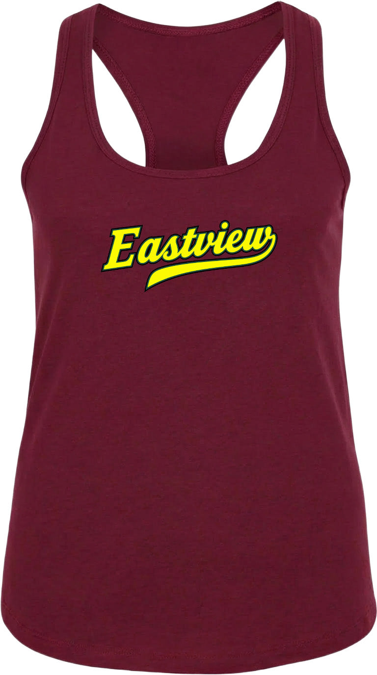 A burgundy-colored tank top with the word "Eastview" printed in yellow on the front.