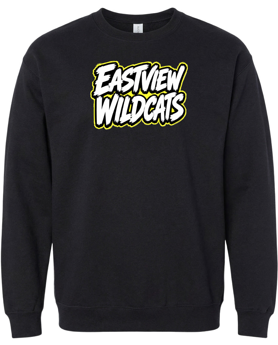A black sweatshirt with a yellow and white logo that says "Eastview Wildcats".