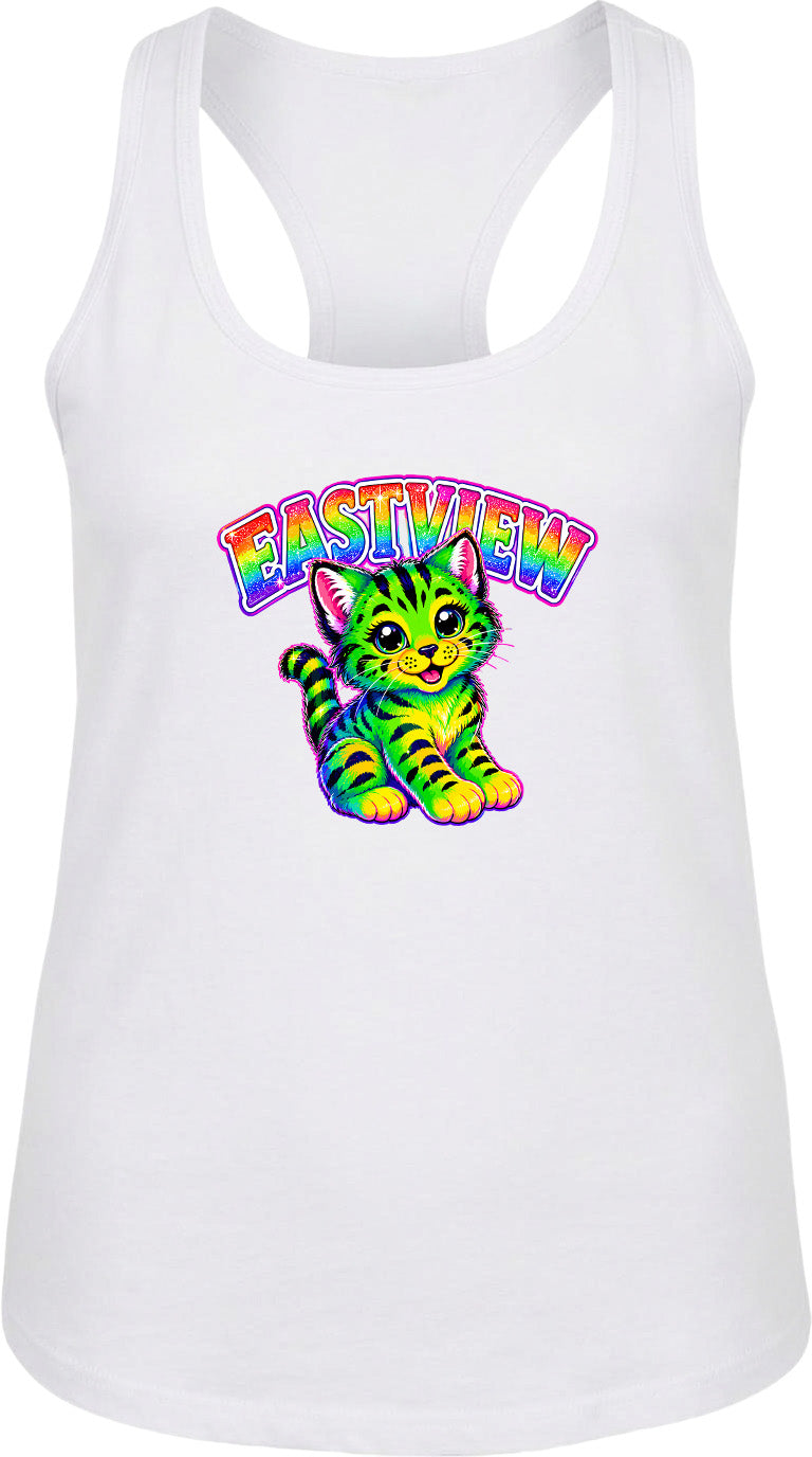 A white tank top with a colorful graphic of a cat and the text "EASTVIEW" printed on it.