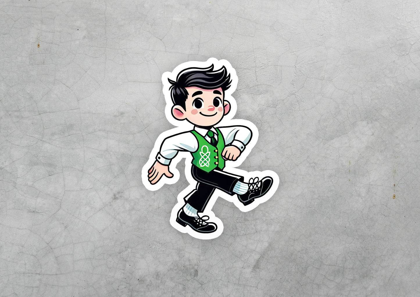 a sticker of a boy in a green vest