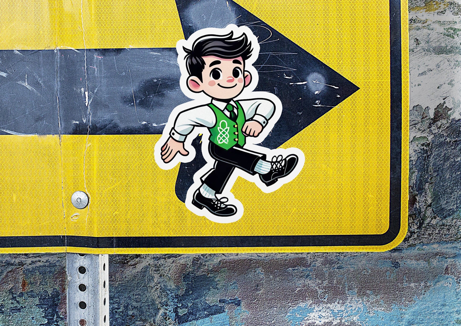 a street sign with a sticker of a boy on it