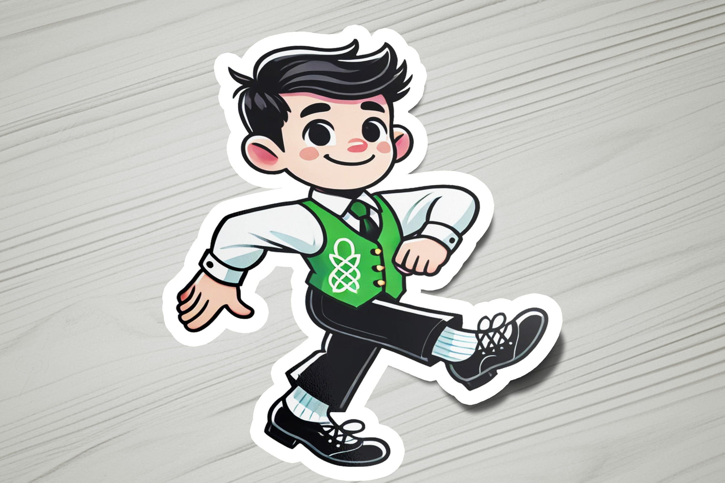 a sticker of a man in a green vest