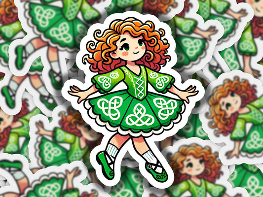 a sticker of a girl in a green dress surrounded by shamrocks