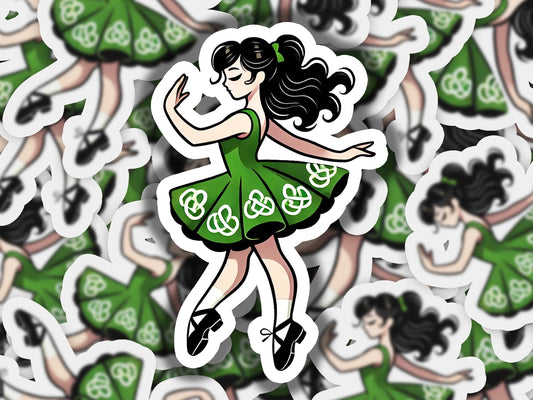 a woman in a green dress surrounded by stickers