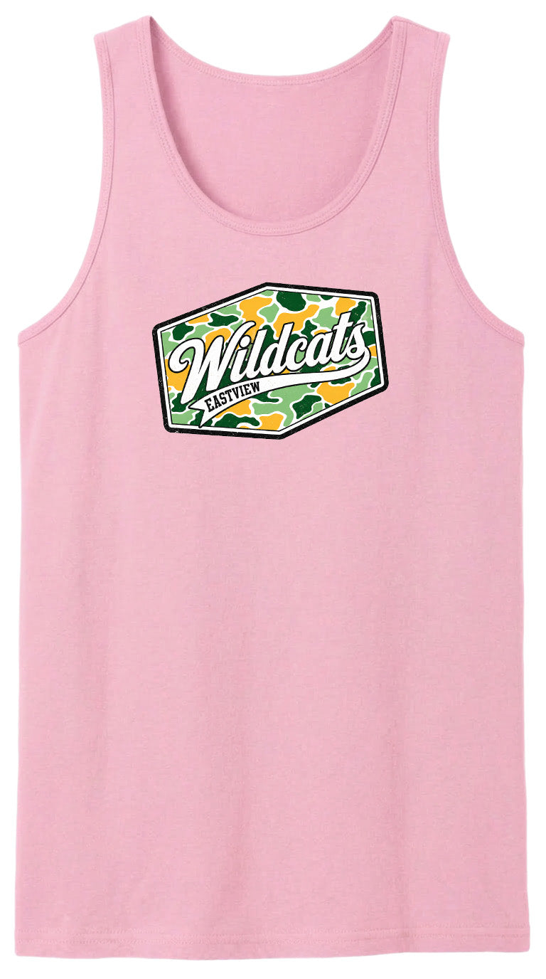 A pink tank top with a graphic design featuring the text "Wildcats" and a camouflage pattern.