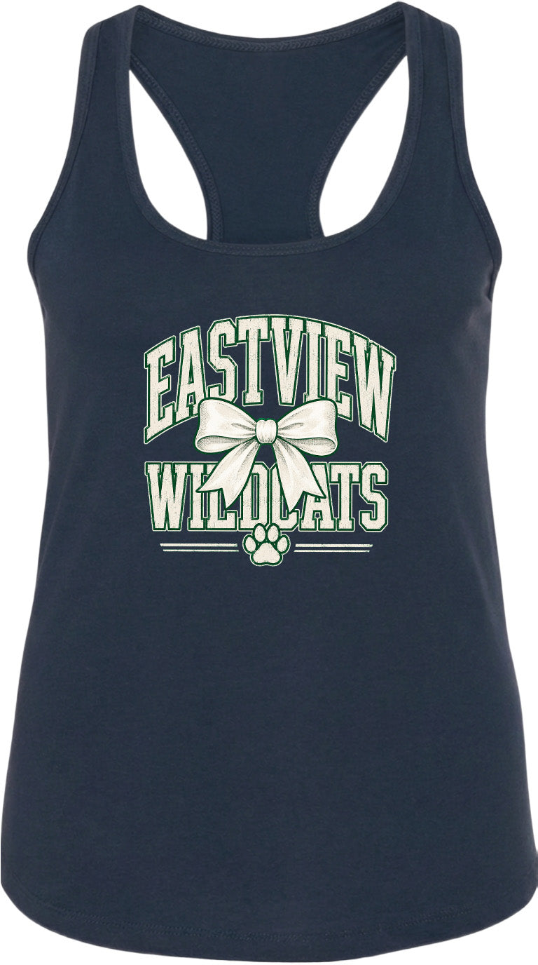 A navy blue tank top with a graphic design featuring the text "EASTVIEW WILDCATS" and a bow.