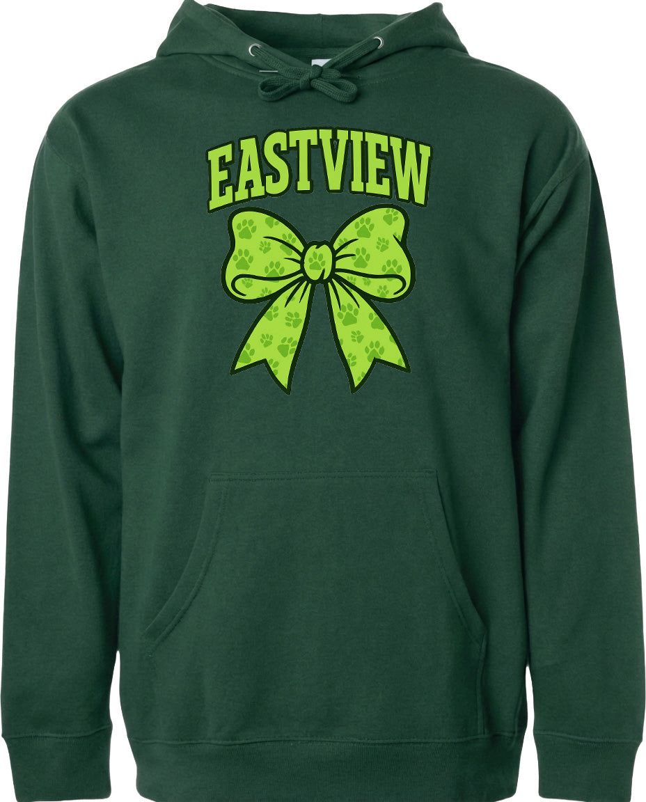 A dark green hoodie with a large green bow and the word "EASTVIEW" printed on it.