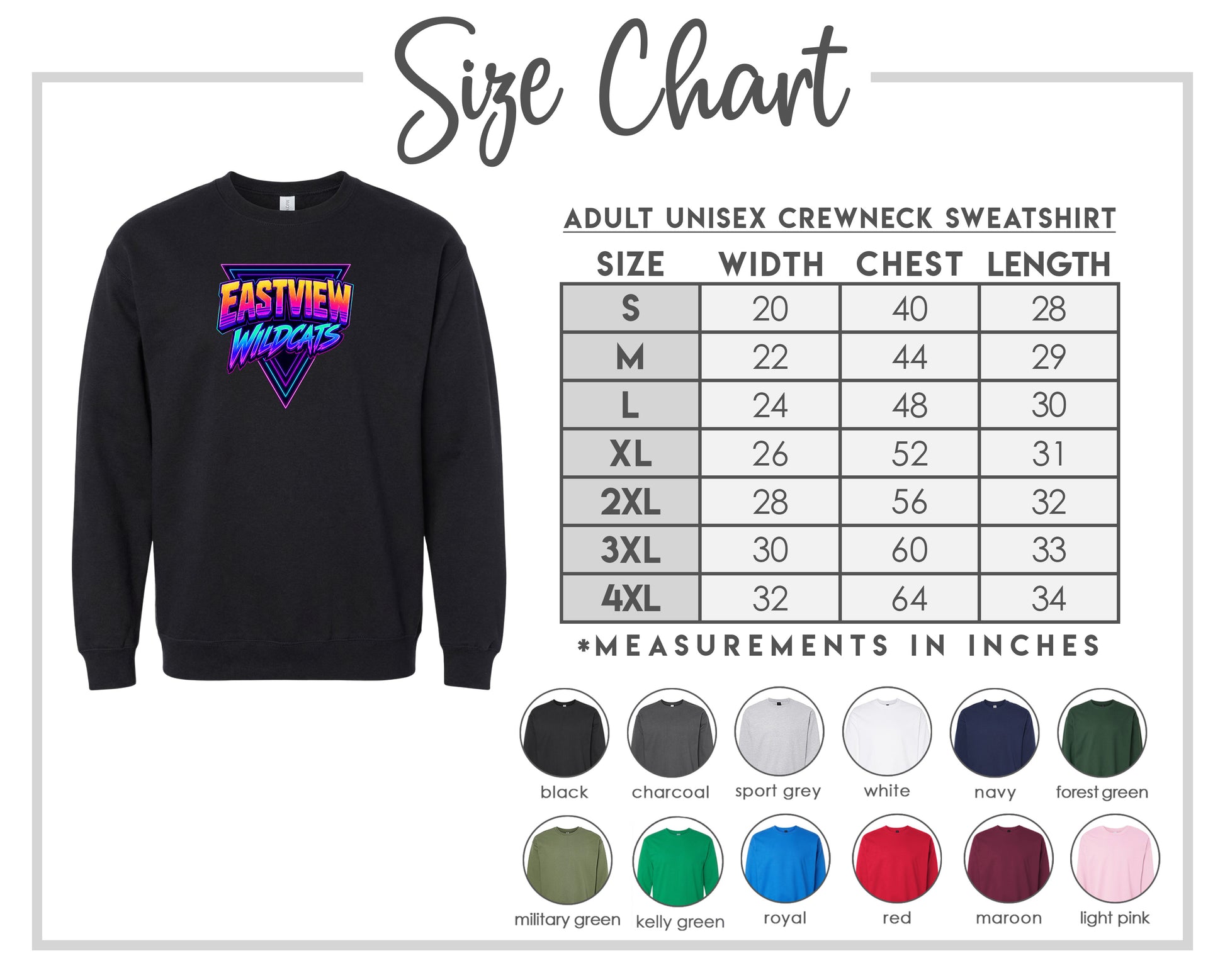 The image is a size chart for an adult unisex crewneck sweatshirt. It includes a black crewneck sweatshirt with the text "EASTVIEW WILDcats" and a table with size measurements for different chest and waist sizes.