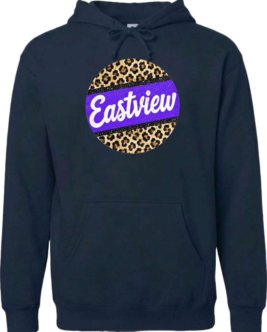 A navy blue hoodie with a leopard print design and the word "Eastview" printed on it.