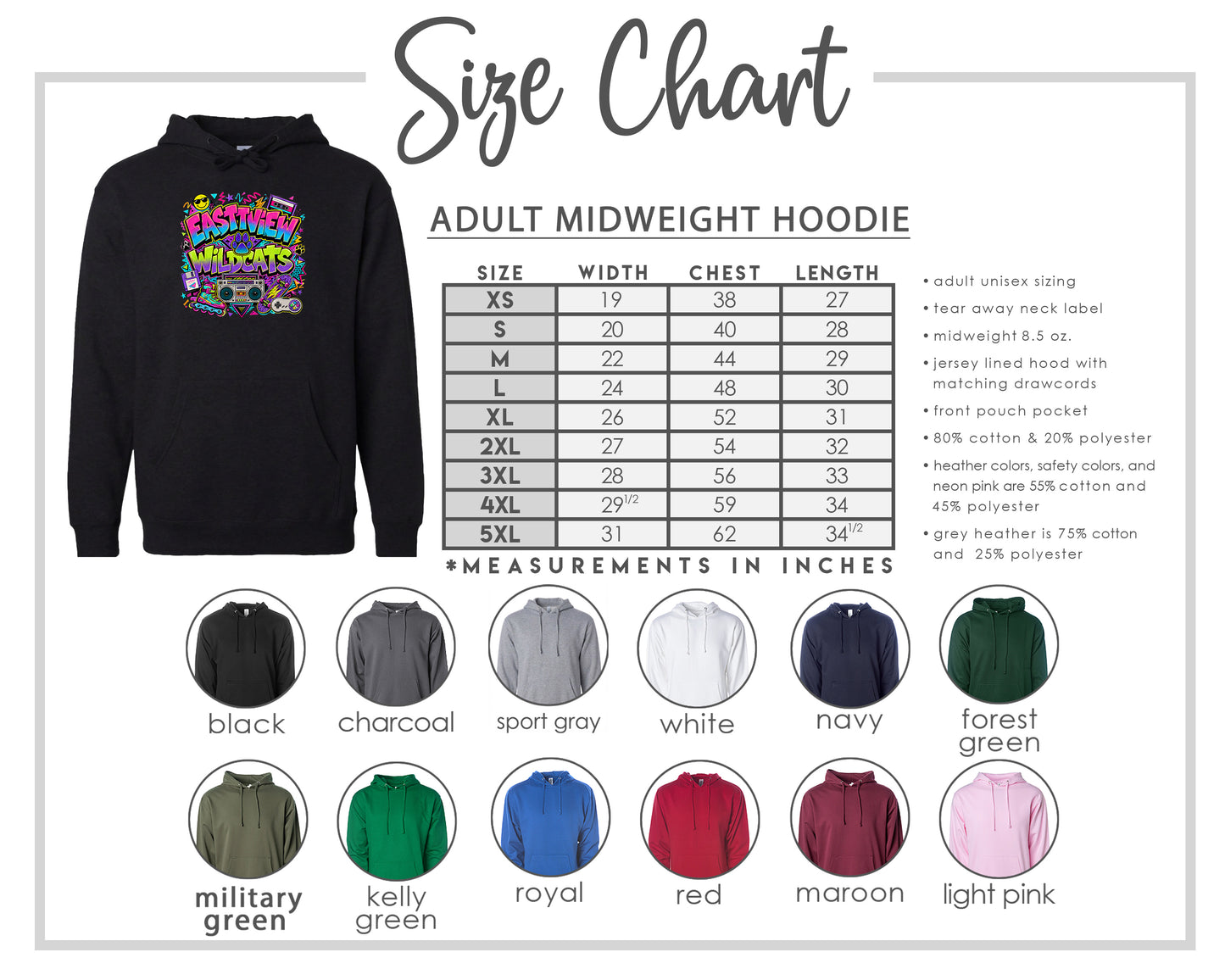 The image is a size chart for an adult midweight hoodie, including various color options and corresponding measurements in inches.