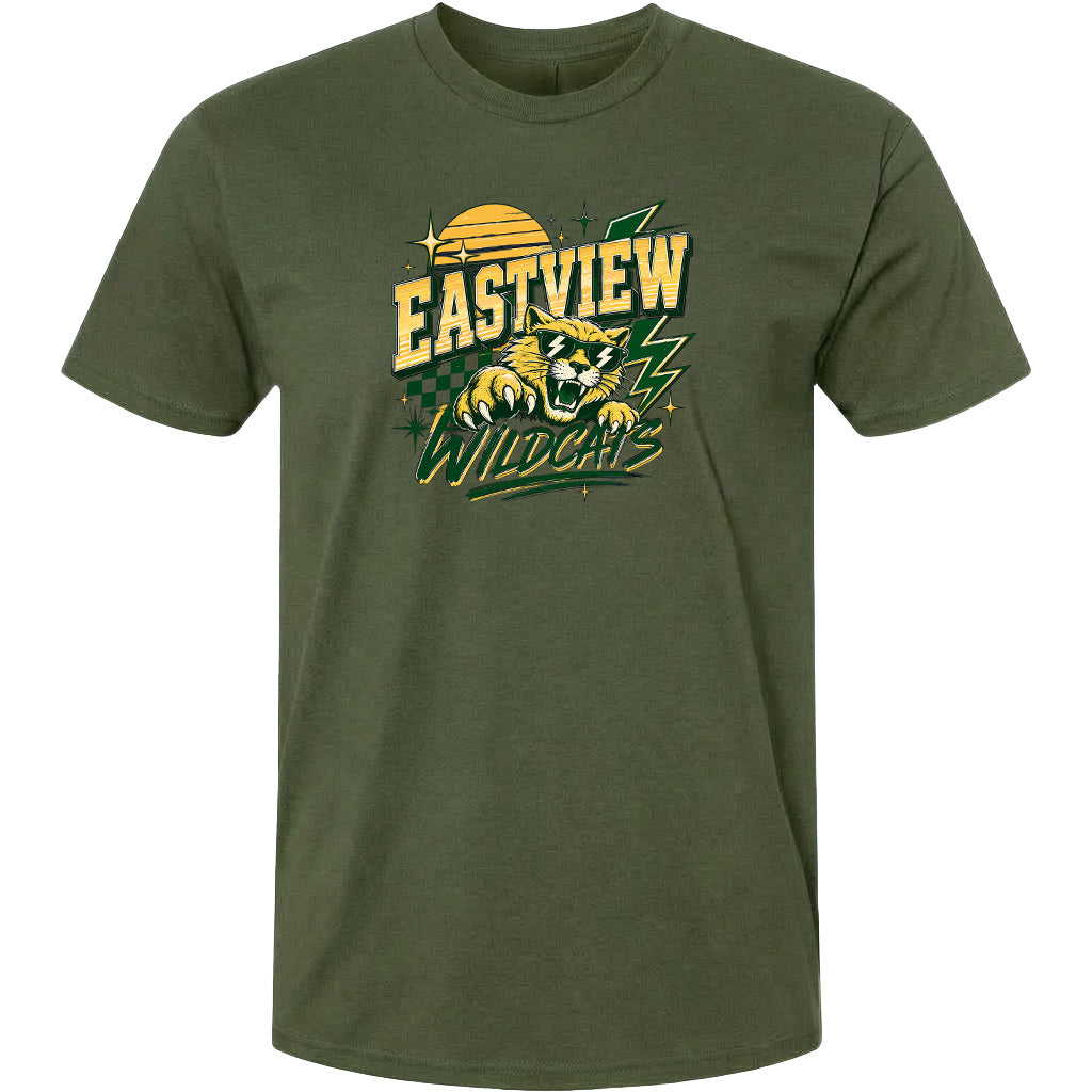 A green t-shirt with a graphic design featuring a tiger and the text "EASTVIEW WILDCATS".