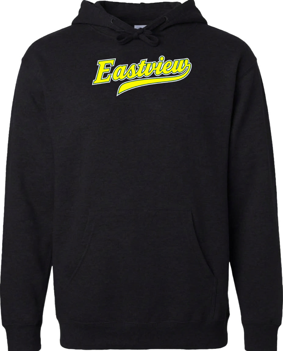 A black hoodie with a yellow text logo on the front.