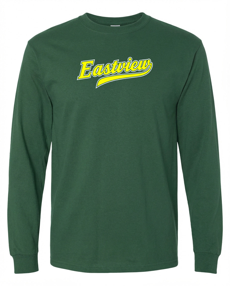 A green long-sleeved t-shirt with the word "Eastview" printed in yellow on the front.