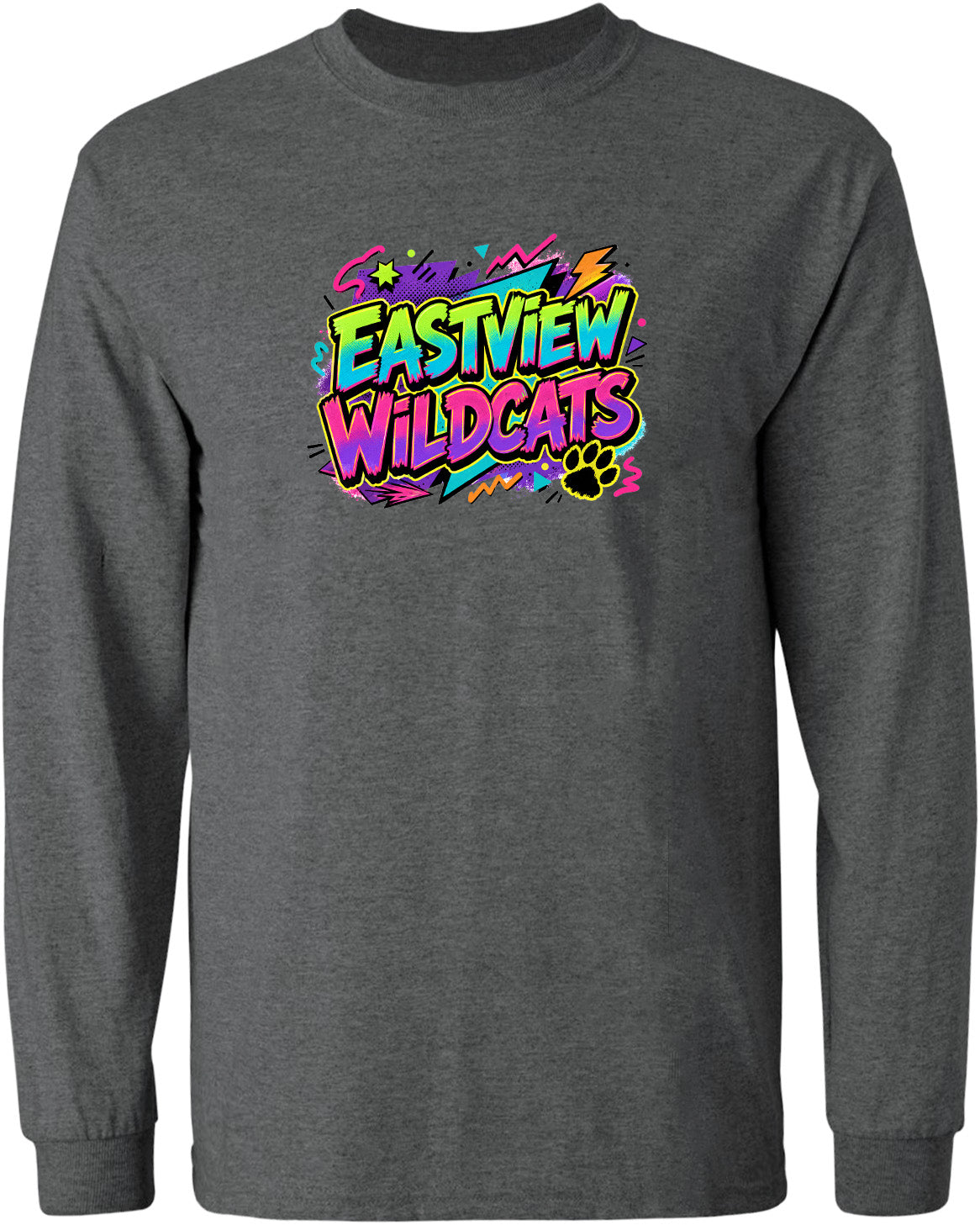 A gray long-sleeved shirt with a colorful graphic design featuring the text "EASTVIEW WILDCATS" and a paw print.