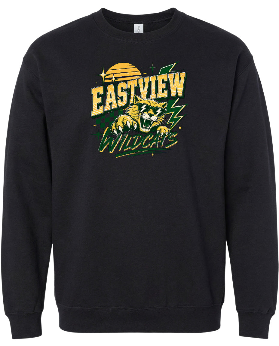 A black sweatshirt with a graphic design featuring a tiger and the text "EASTVIEW WILDCATS" printed on it.