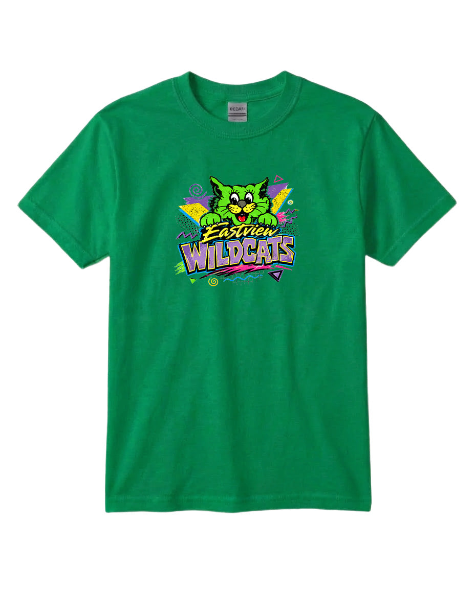 A green t-shirt with a colorful graphic design featuring a cartoon-like cat and the text "Easton Wildcats".