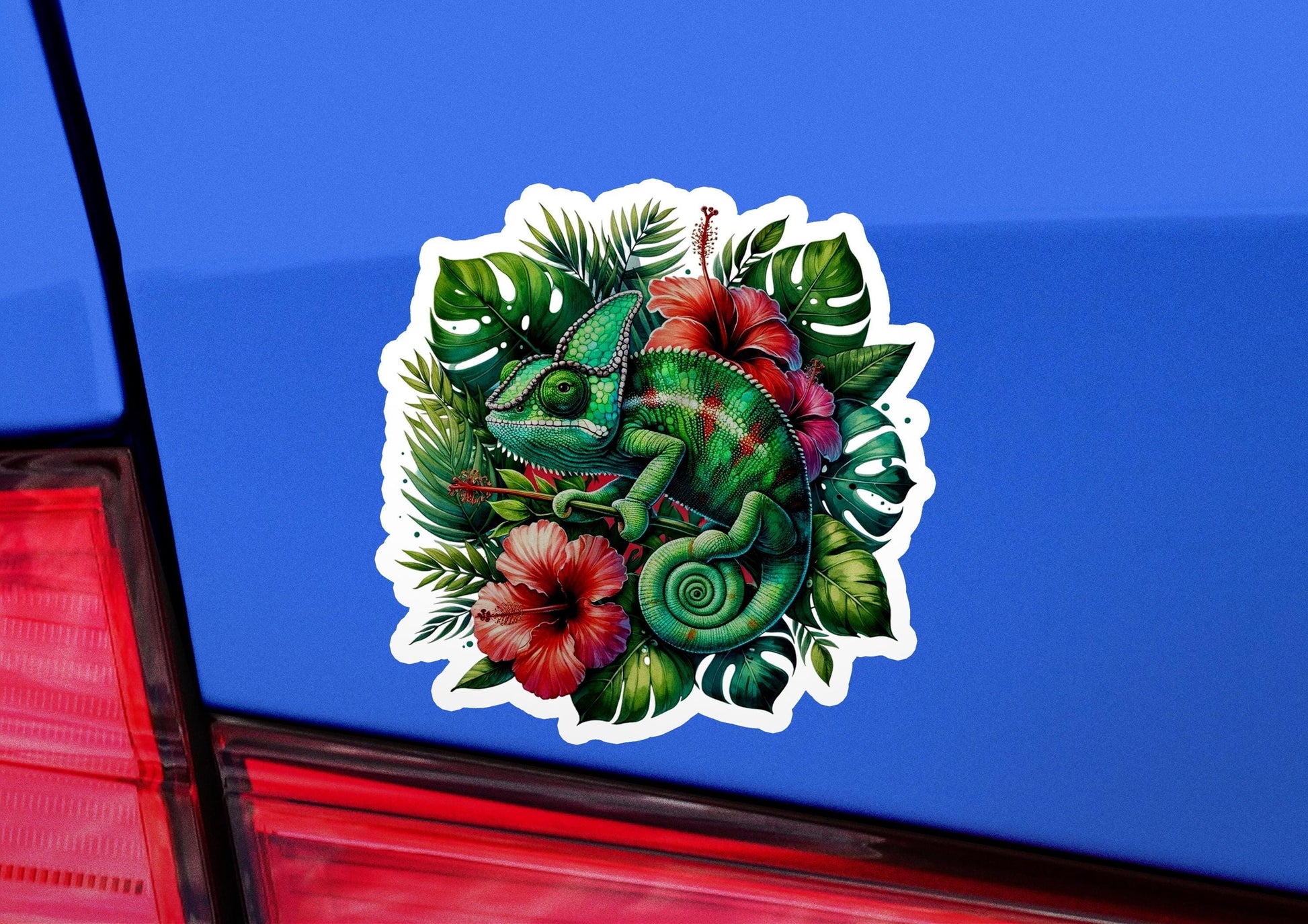 a sticker of a chamelon on the back of a car