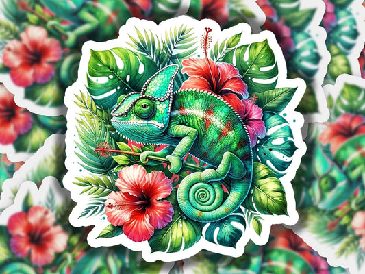 a sticker of a chamelon sitting on top of flowers